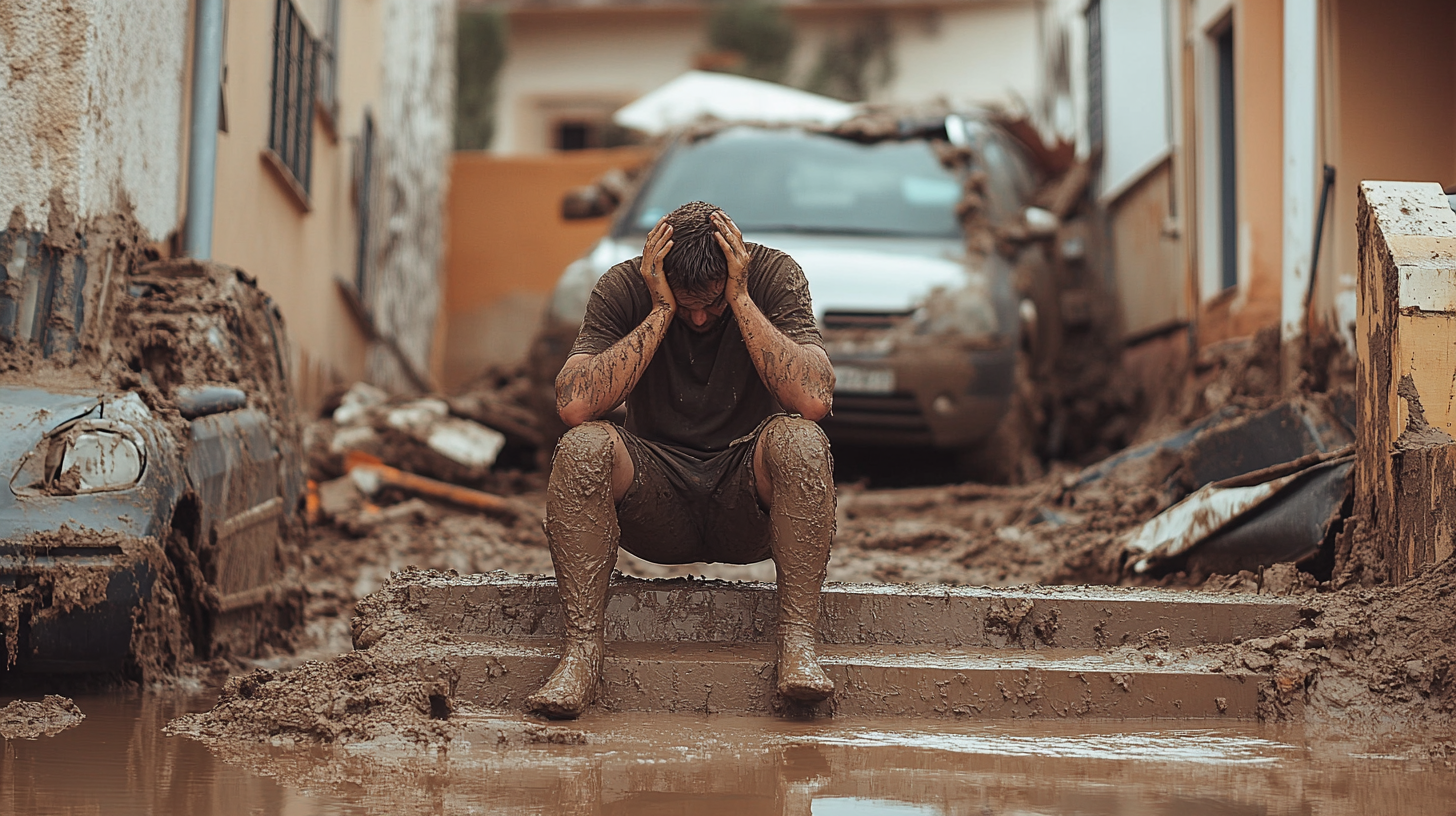 A Man Sitting on Muddy Stairs After a Flood