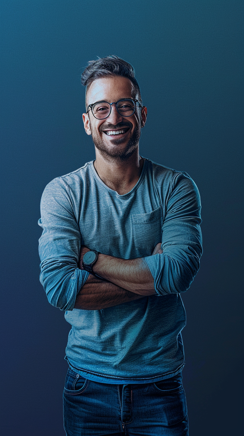 A Man Smiling with Folded Arms in Grey Shirt