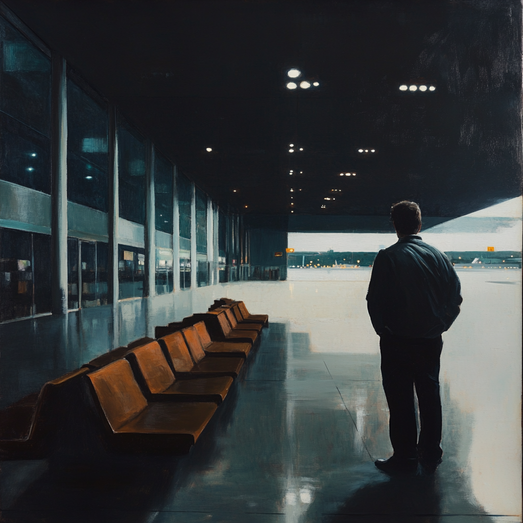 A Man Thinking Alone in Airport at Night