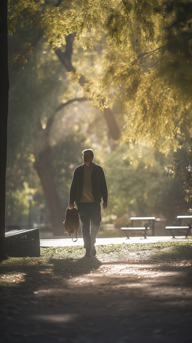 A Man Walking Through Sunlit Park Afternoon