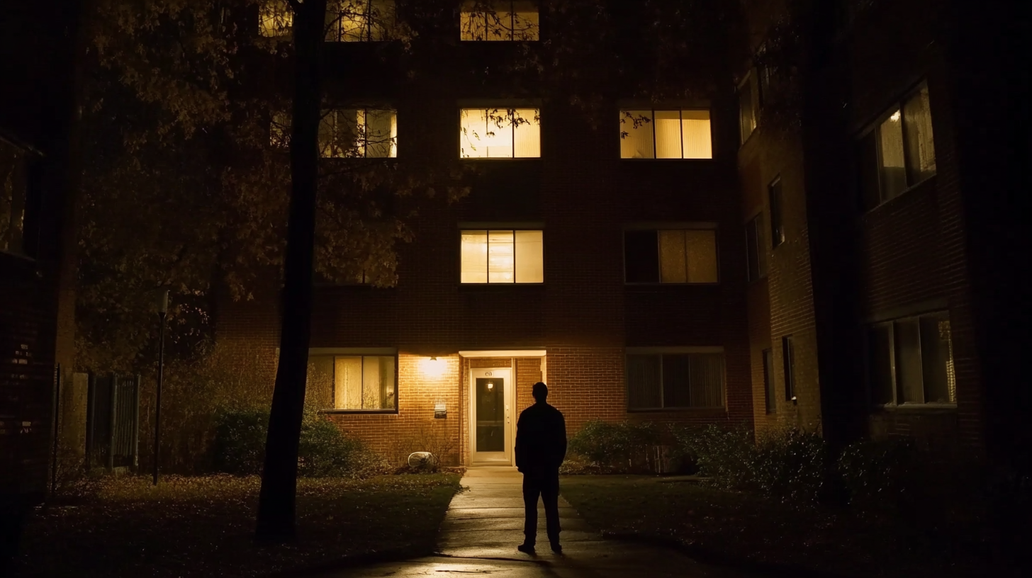 A Man Watches Dark Apartment Complex at Night