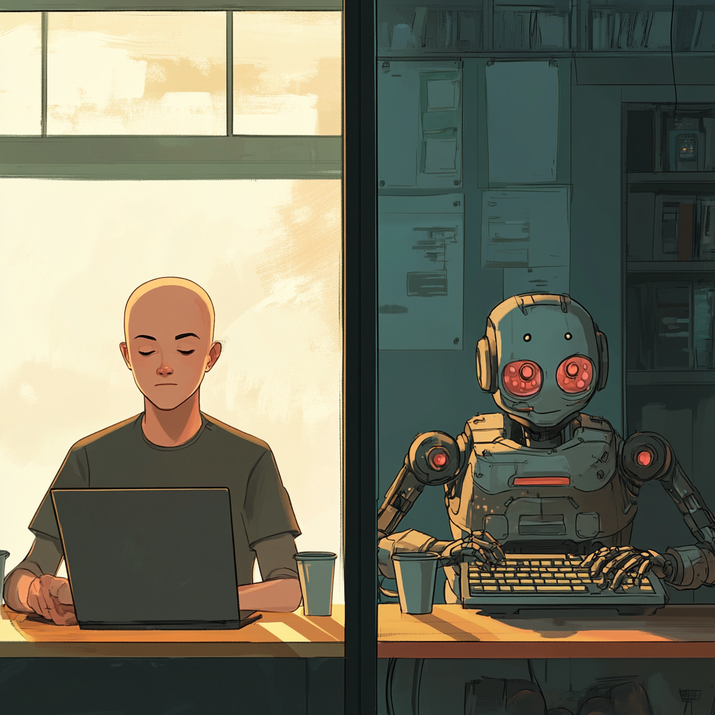 A Man Working Hard with Coffee vs Fast Robot