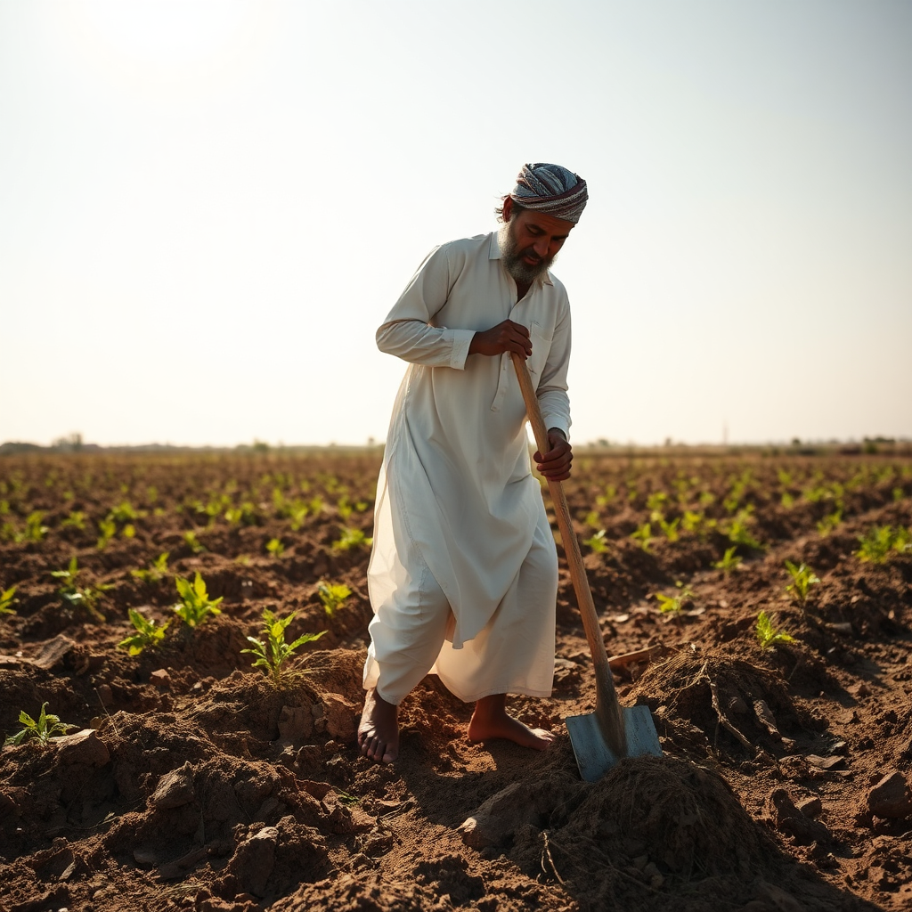 A Man Working in Bright Sunlight with Shovel