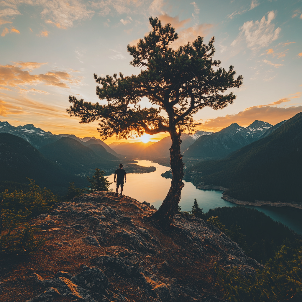 A Man and Tree on Mountain Slope