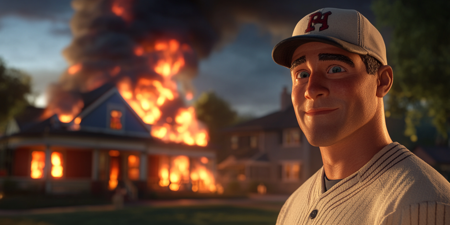 A Man in Baseball Uniform Smiles at Burning House