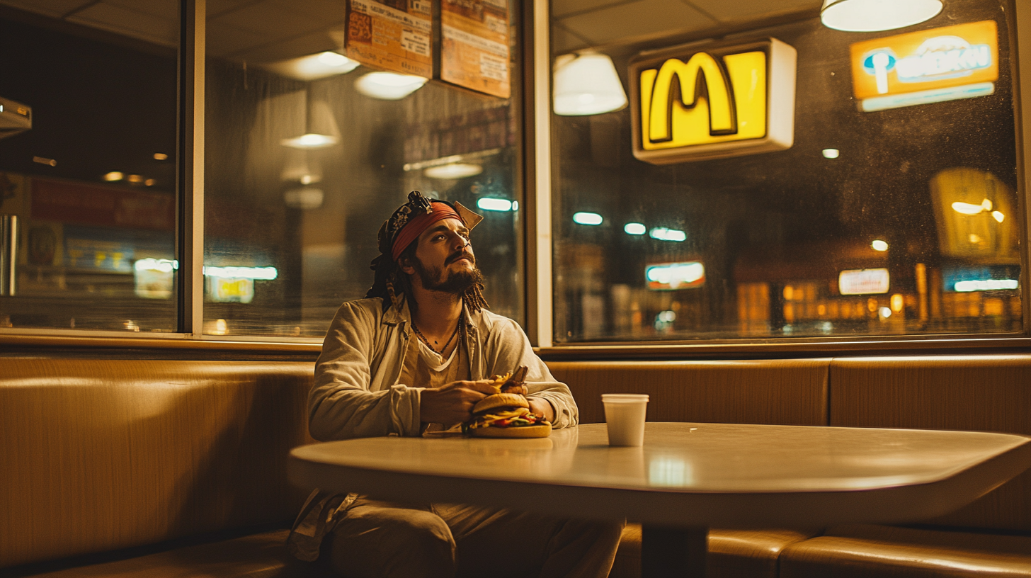 A Man in Pirate Costume at Burger King