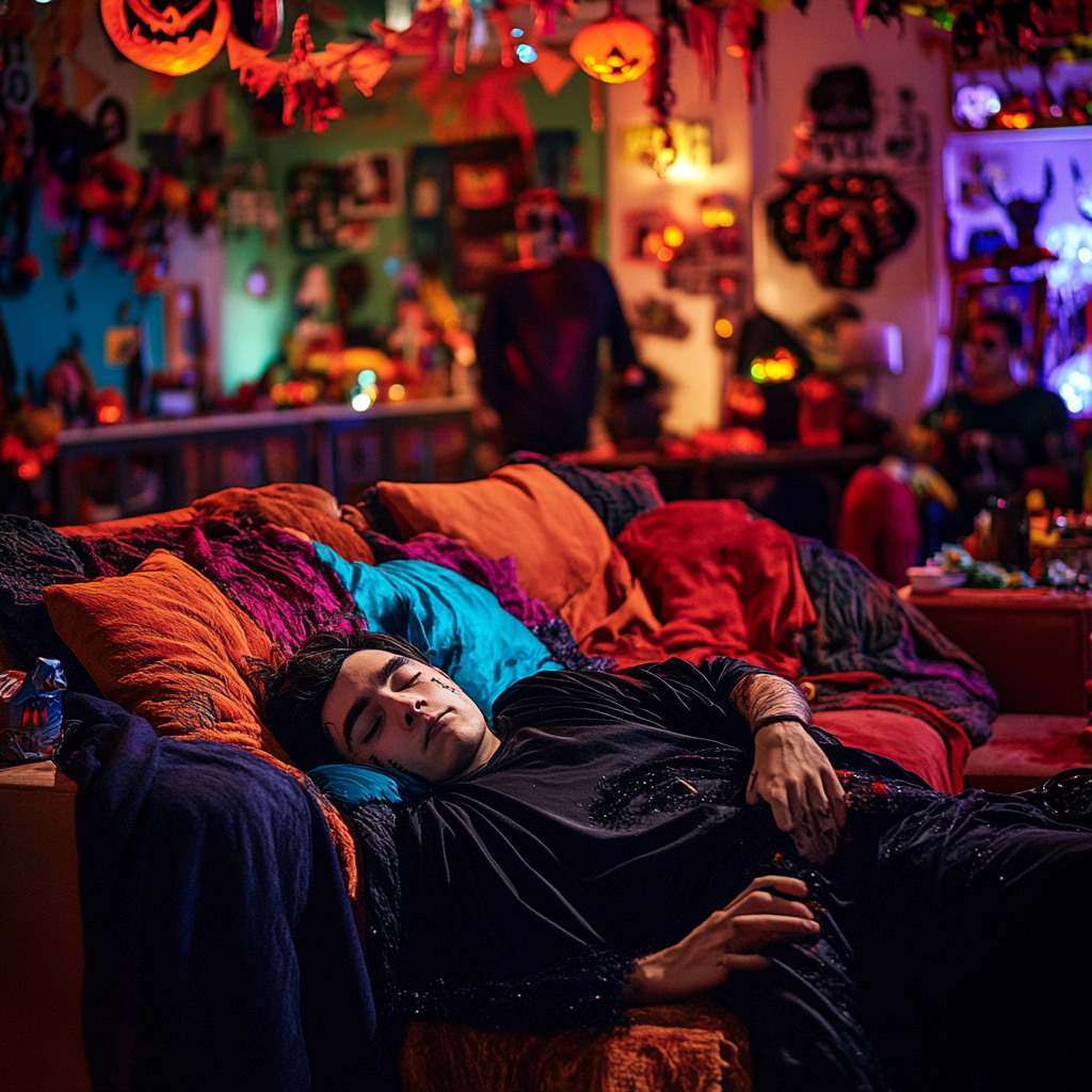 A Man in Vampire Costume Sleeps at Party