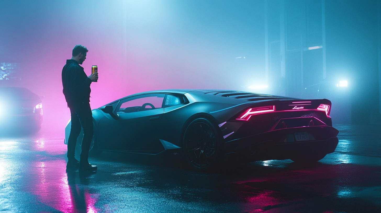 A Man with Beer By Neon-Lit Lamborghini at Night