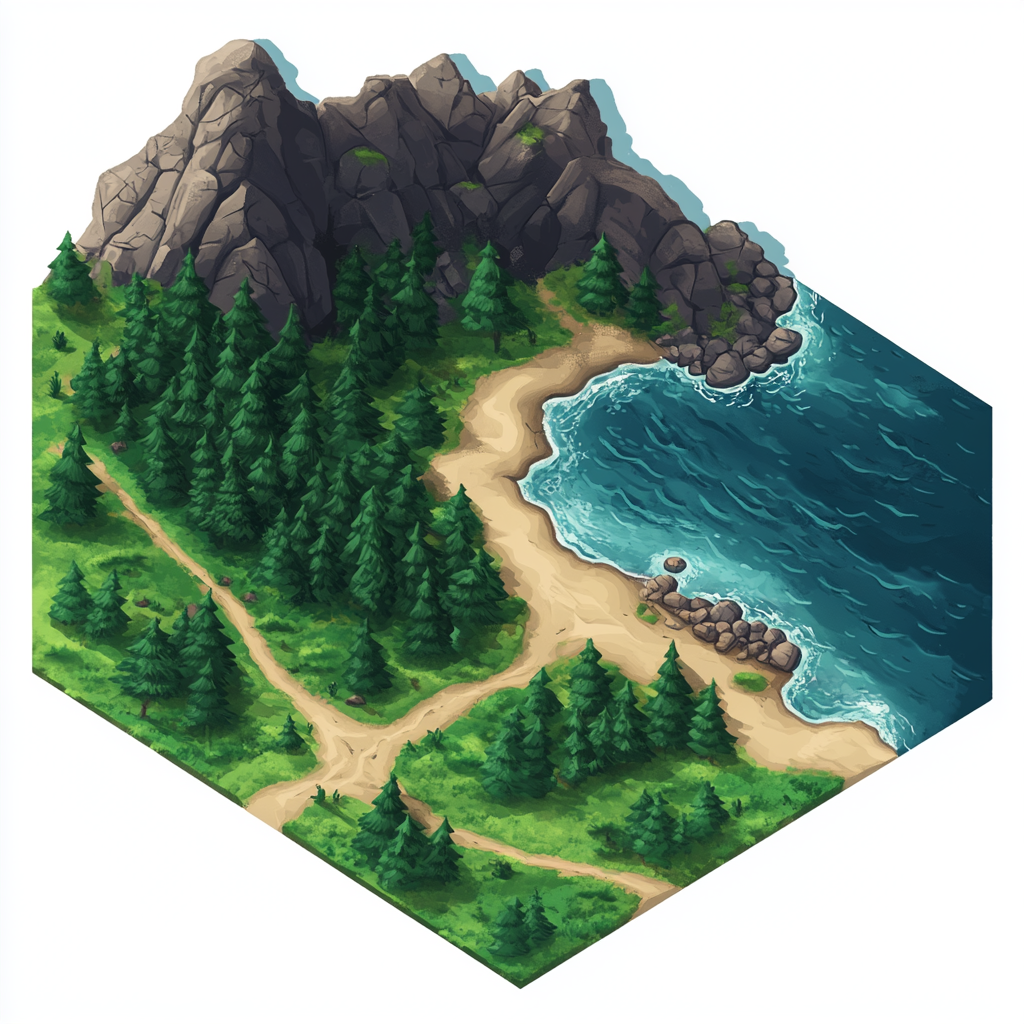 A Map with Forest, Ocean, Mountains, and Path