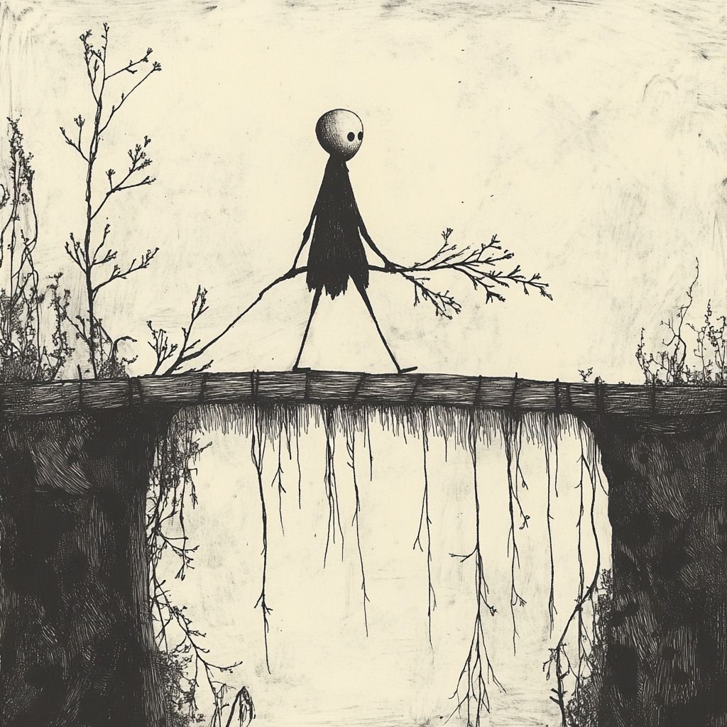 A Marionette's Solemn Journey Across a Precarious Bridge