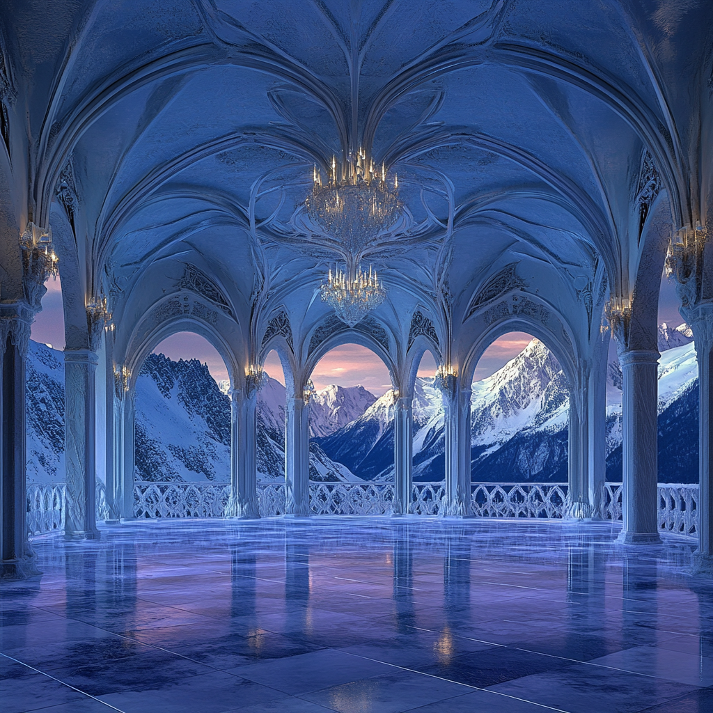 A Medieval Ballroom with Glacial Ice Ceiling, Crystal Floor.