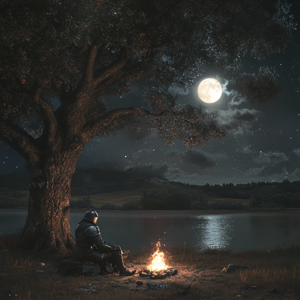 A Medieval Soldier Ponders by Moonlit Lake