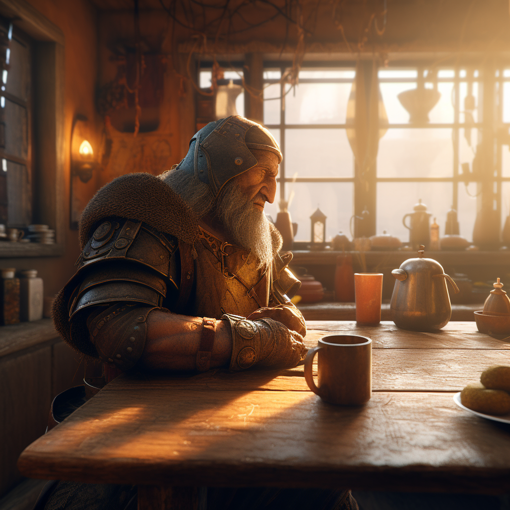 A Medieval Warrior in Rustic Tavern Morning Light