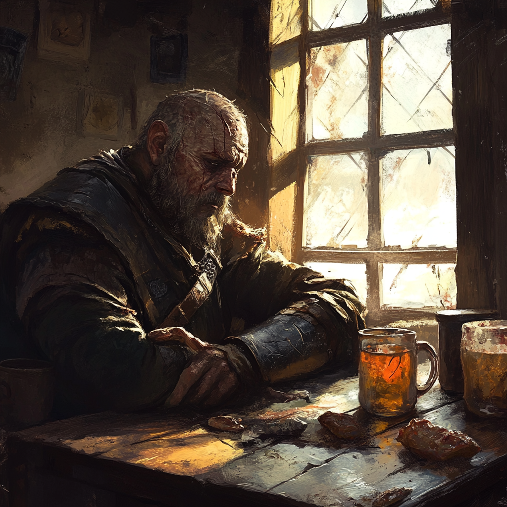 A Medieval Warrior in Tavern, Morning Light Illuminates