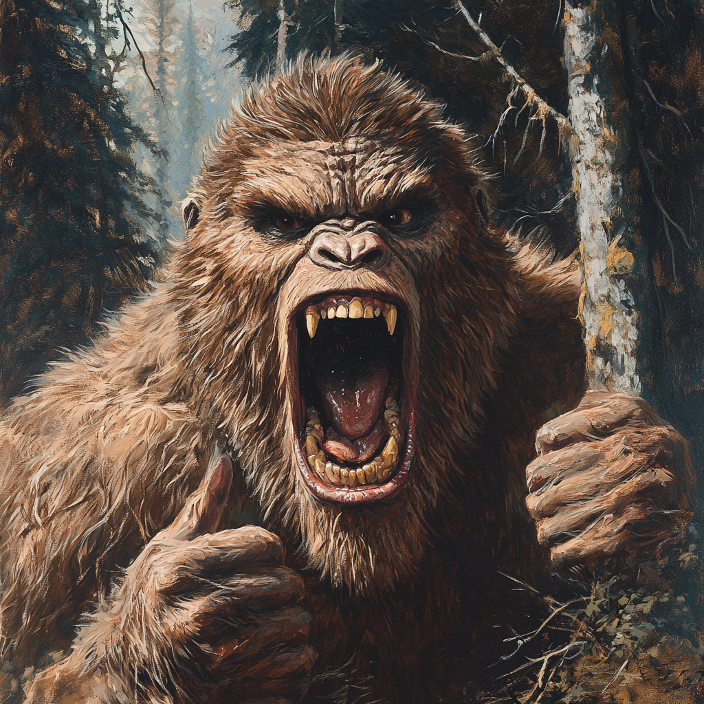 A Menacing Bigfoot Growling in Forest