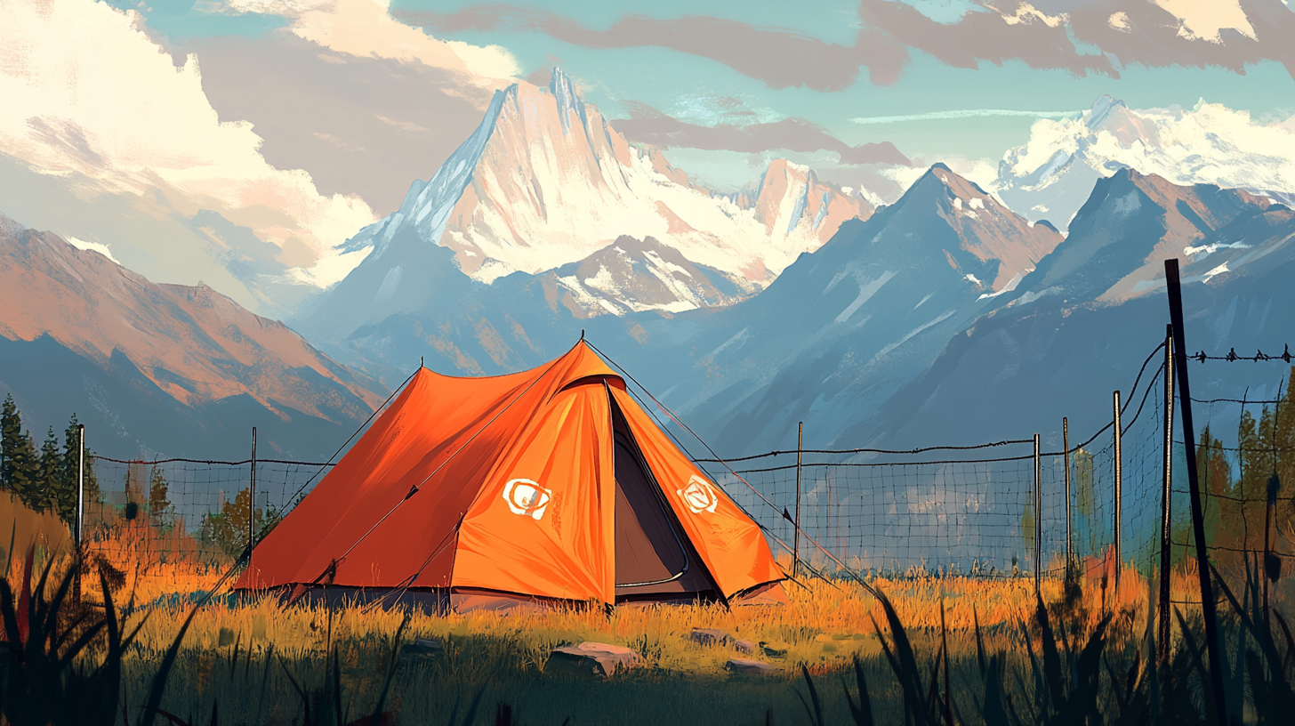 A Metal-Fenced Orange Tent in Majestic Mountains