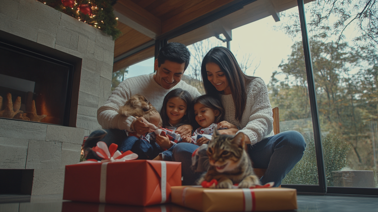 A Mexican family celebrating Christmas with pets