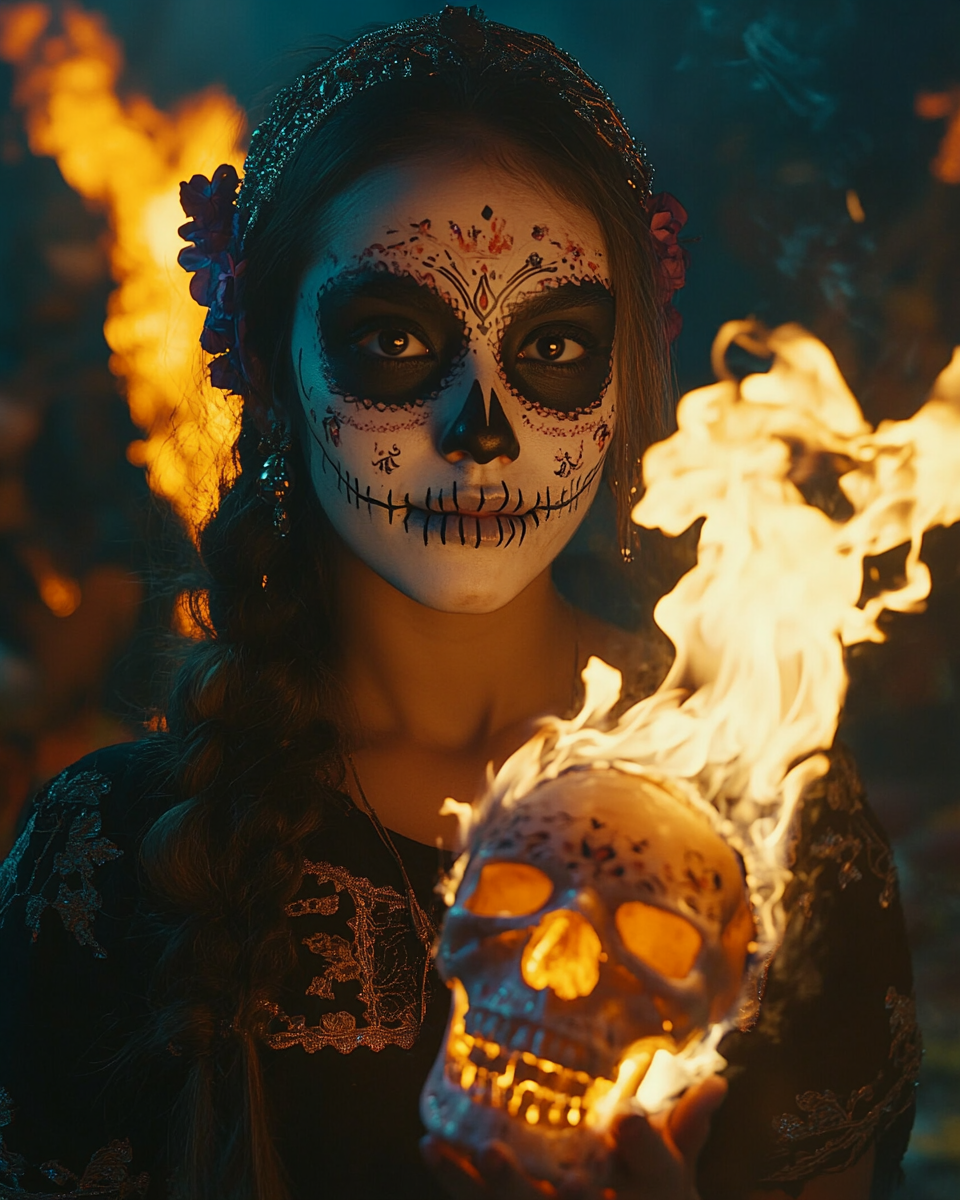 A Mexican senorita at a bonfire party holding skull.