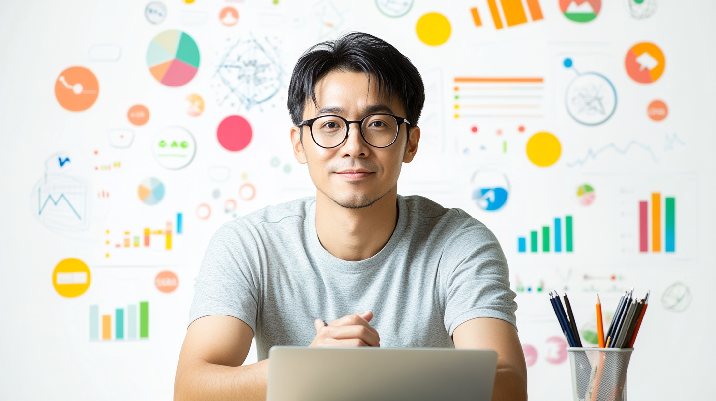 A Middle-Aged Man Studying Graphs on Laptop.