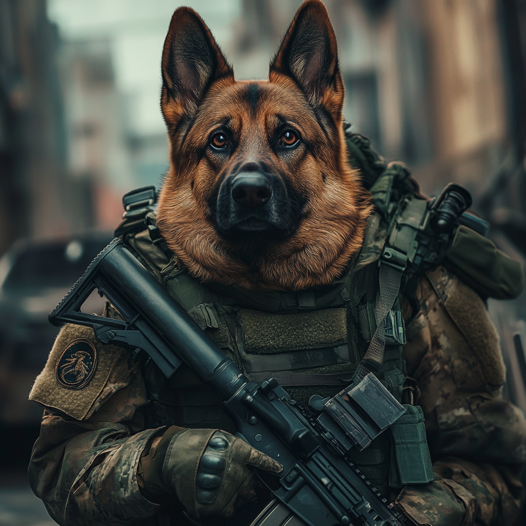 A Military Dog Ready for Combat in City