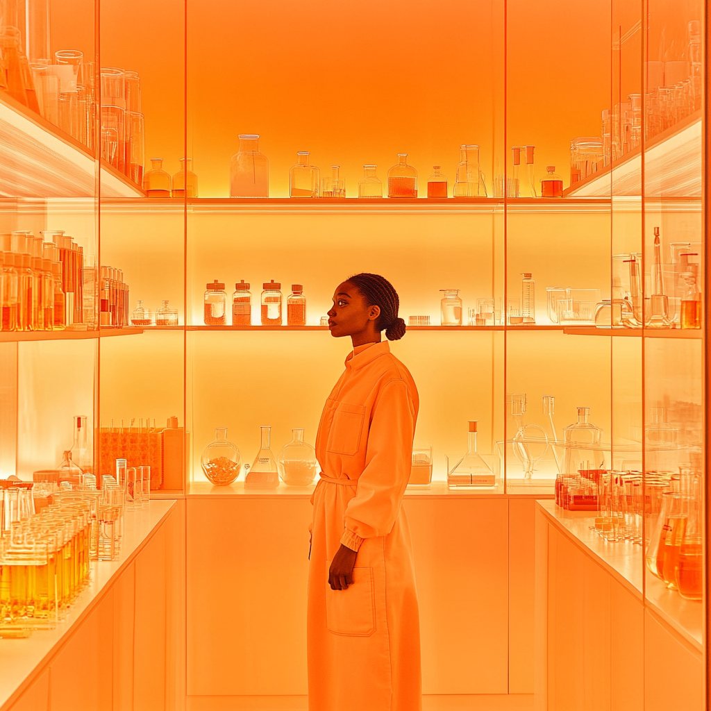 A Model in Orange Science Lab with Shelves