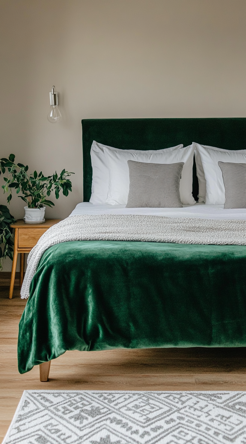 A Modern Bedroom with Green Bed and Plants