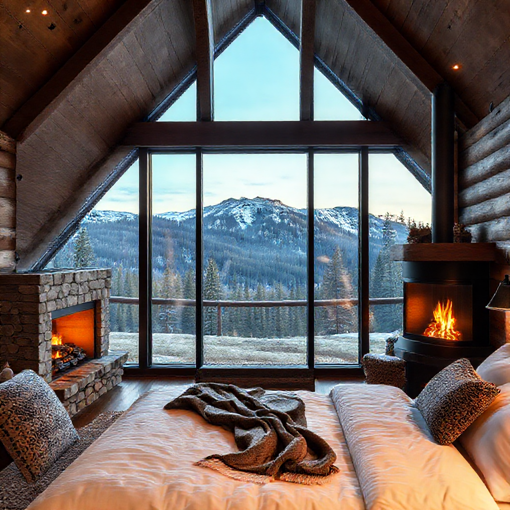 A Modern Cabin Bedroom Overlooking the Mountains