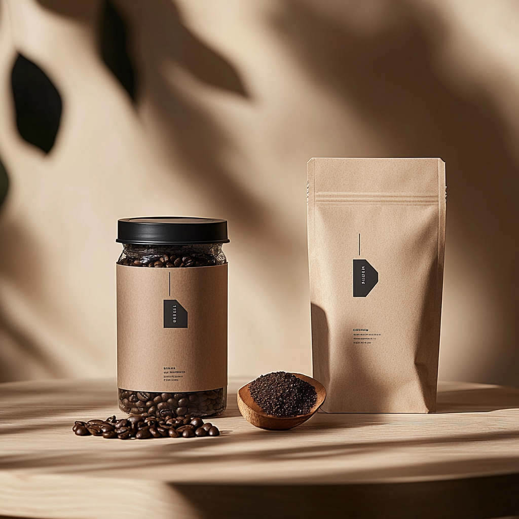 A Modern Coffee Package on Wooden Table