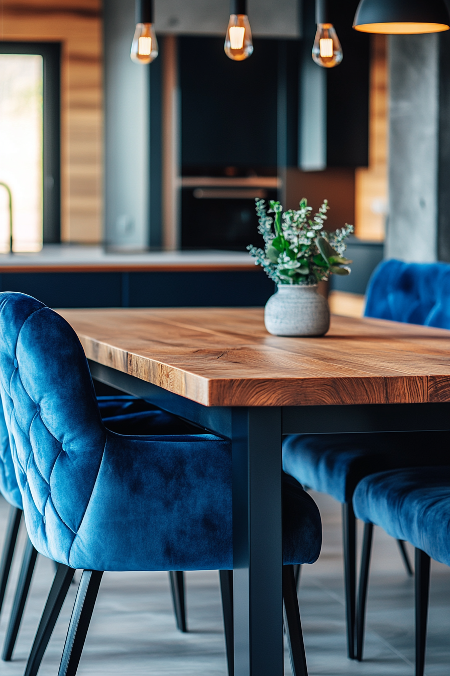 A Modern Cozy Kitchen with Dark Blue Velvet Chairs