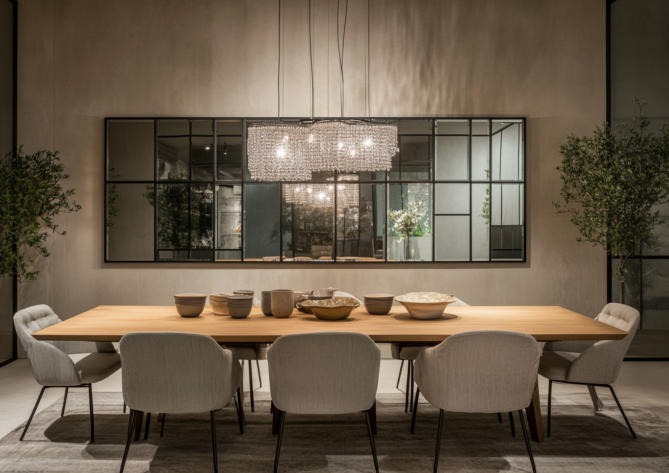 A Modern Dining Area with Large Mirror