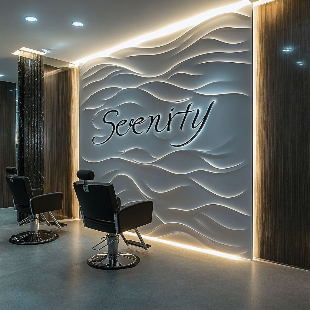 A Modern Salon with Illuminated 'Serenity' Sign