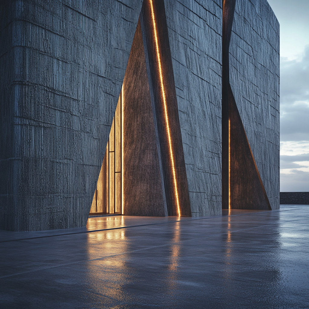 A Modern Stone Building with Lighted Lobby