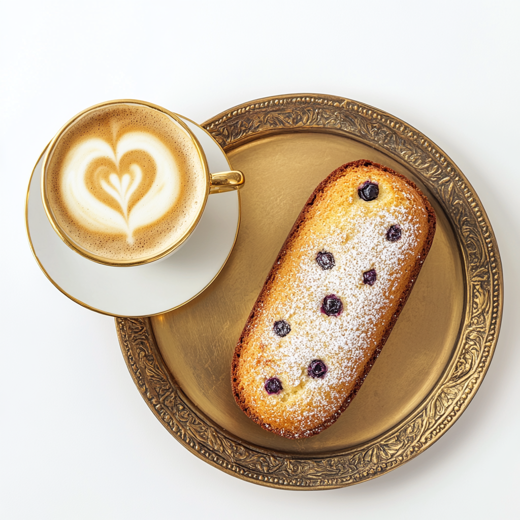 A Moist Almond Cake and Latte on Golden Plate