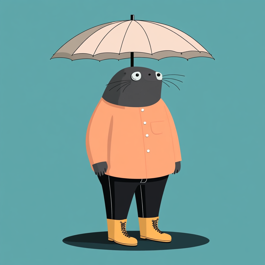 A Mole Character Under Umbrella - Flat Illustration