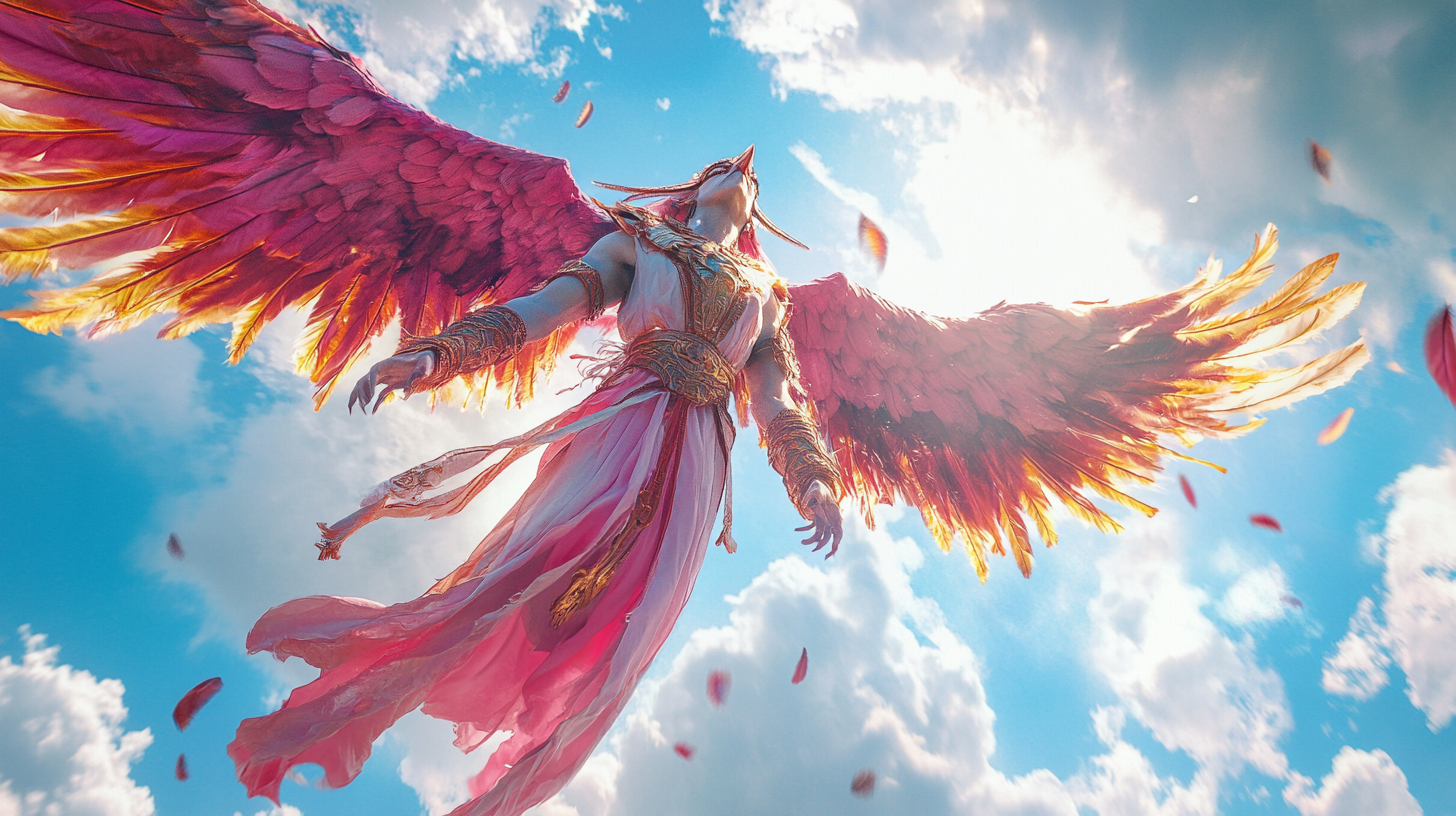 A Monk Bird Lady Flying in Pink Robes