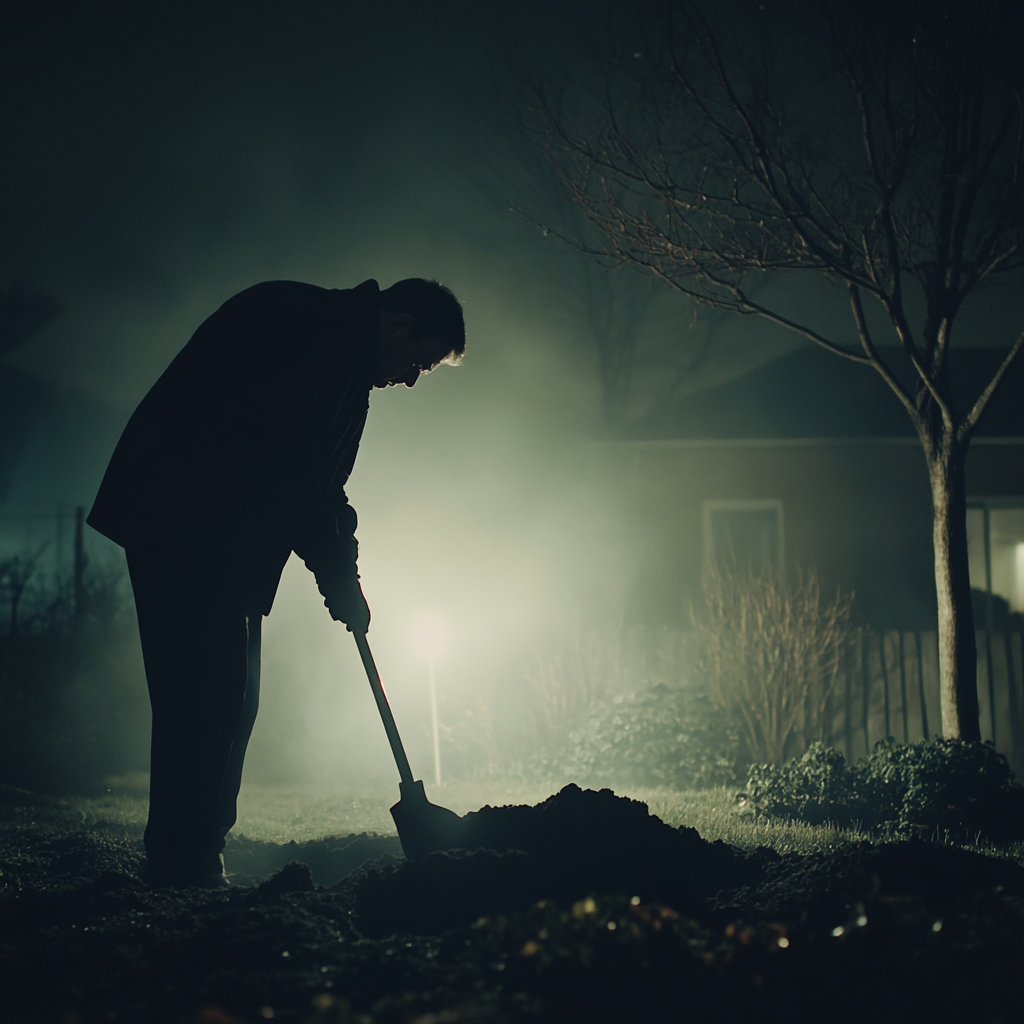 A Moody Night: Man Digging Grave Silhouette