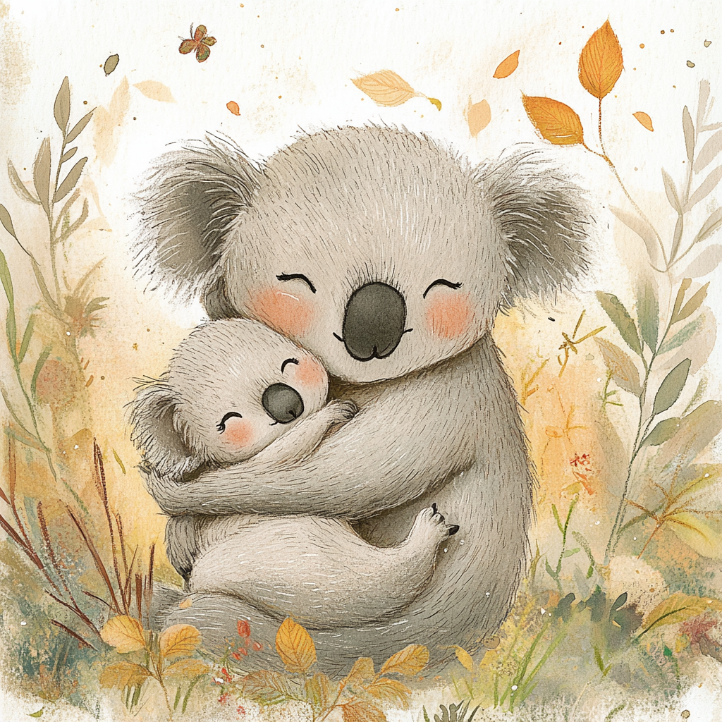 A Mother Koala Holds Baby in Watercolor