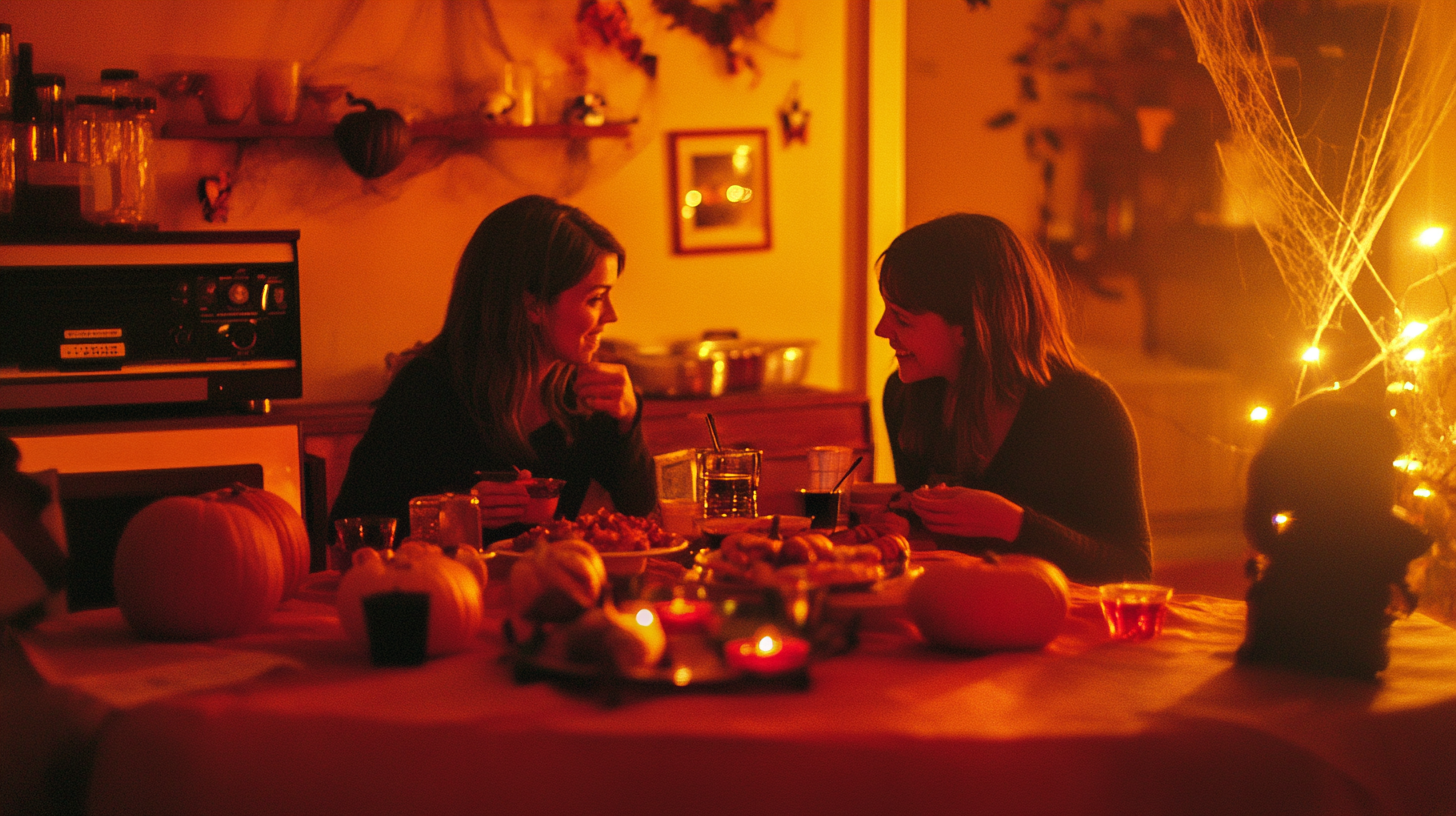 A Mother and Daughter Enjoy Halloween Festivities at Table.