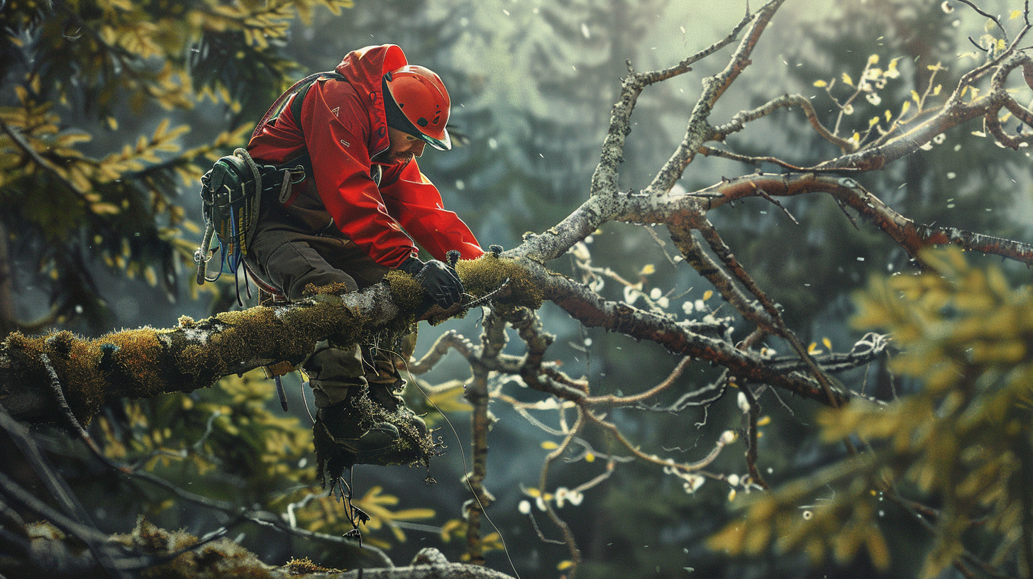 A Mountain Climber Trims Tree Branches in Nature.