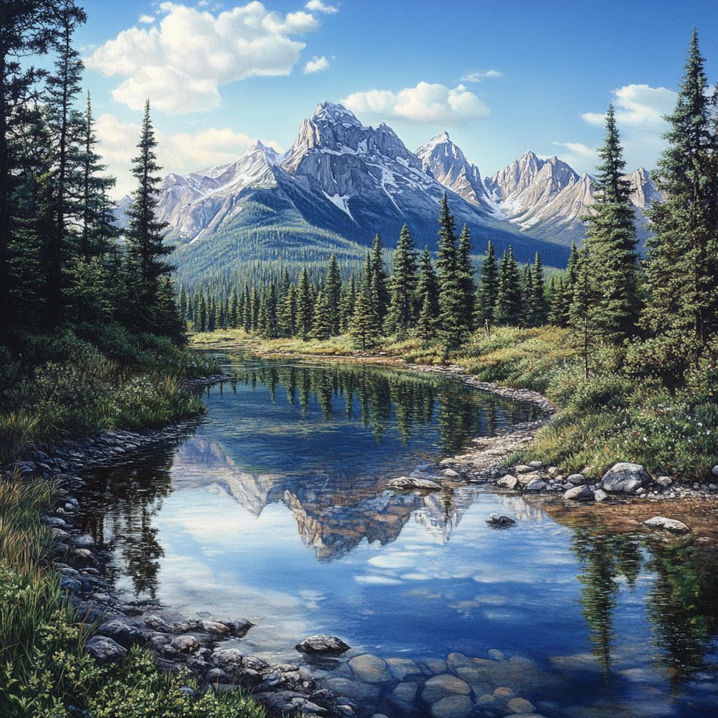 A Mountain Scene with River, Peaks, Pine Trees