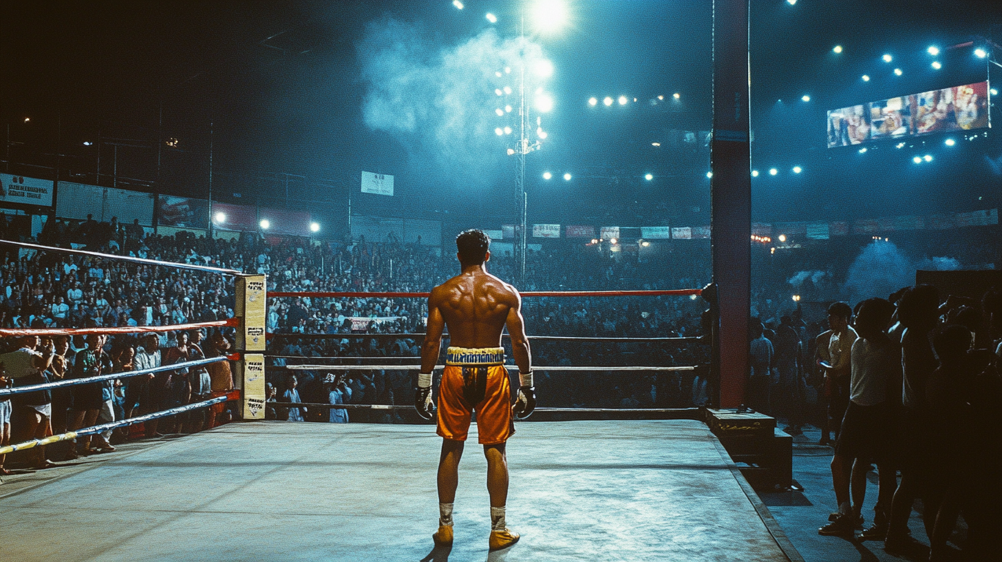 A Muay Thai fighter celebrates victory in Thailand