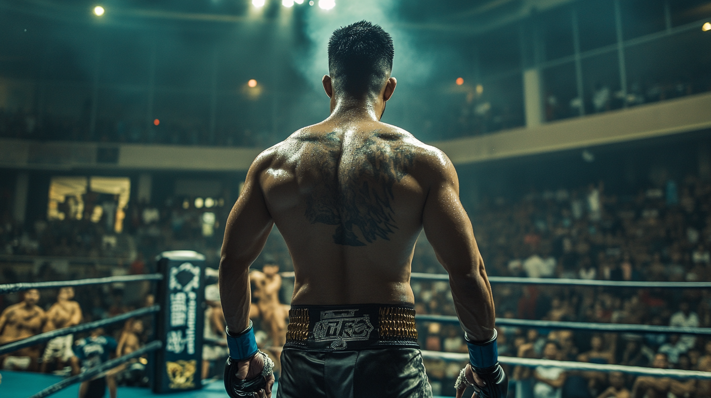 A Muay Thai fighter leaving the ring victorious