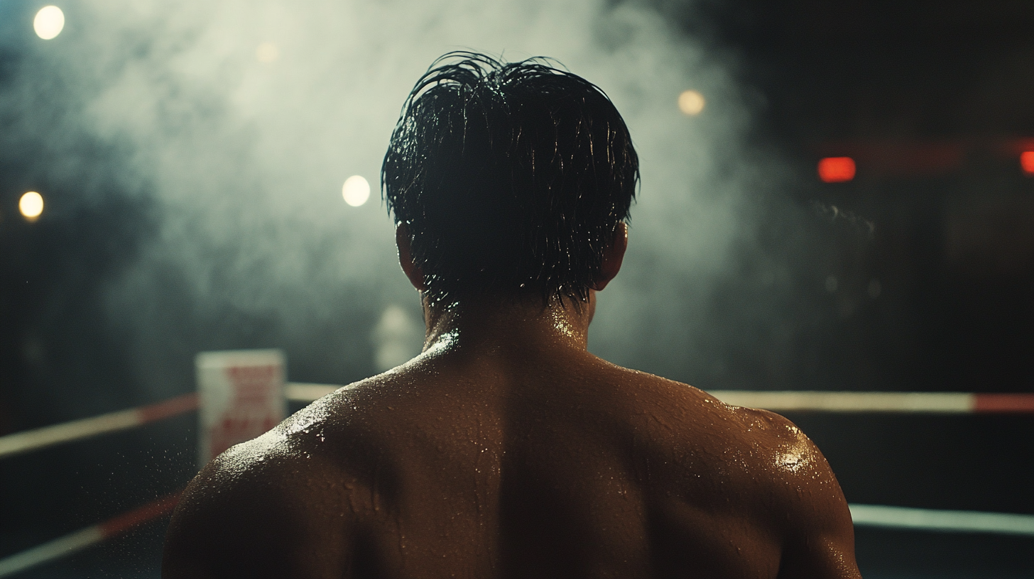 A Muay Thai fighter leaving the ring victoriously