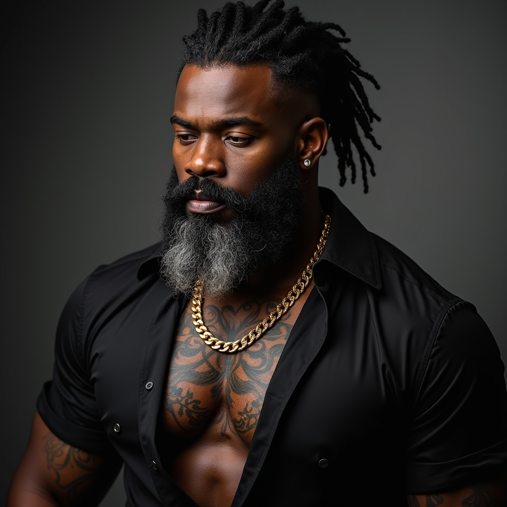 A Muscular Man with Grey Beard and Gold Chain