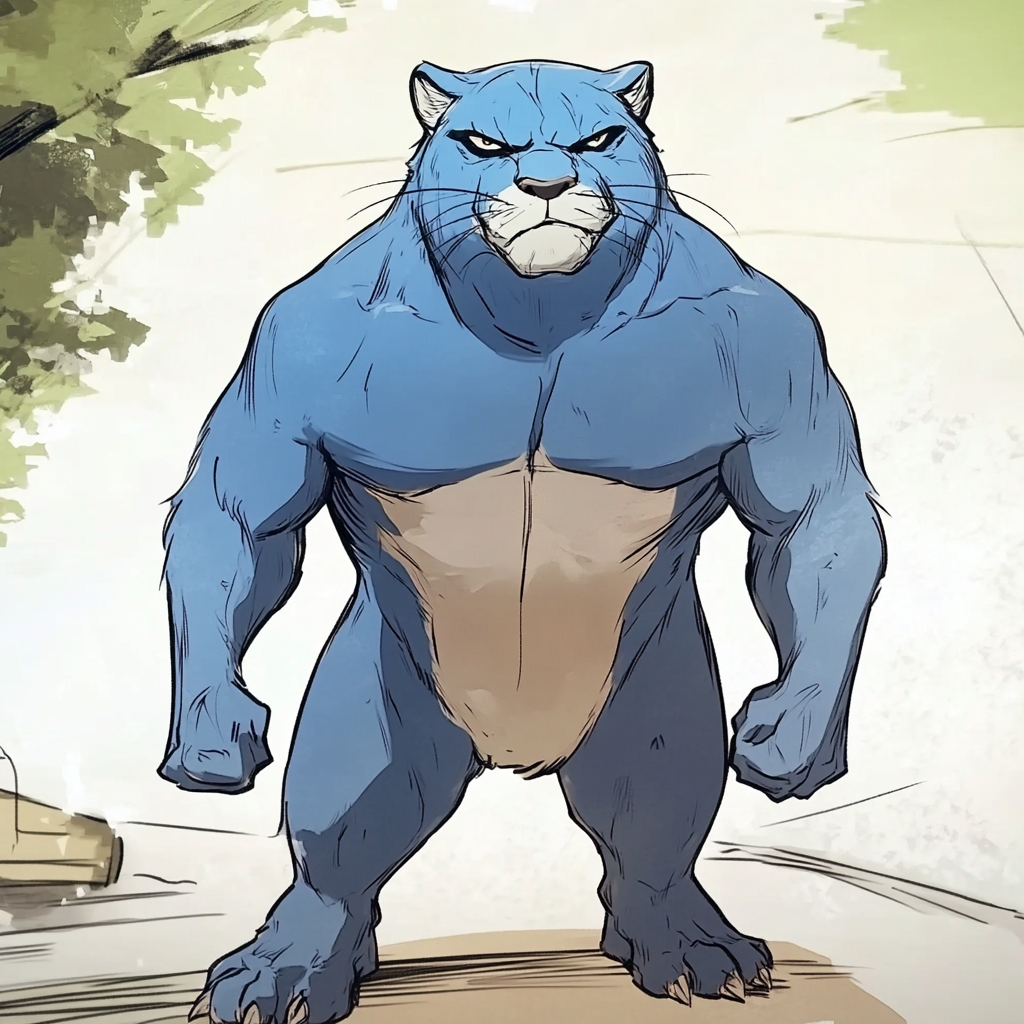 A Mutated Blue Cougar Monster Stands Angry upright