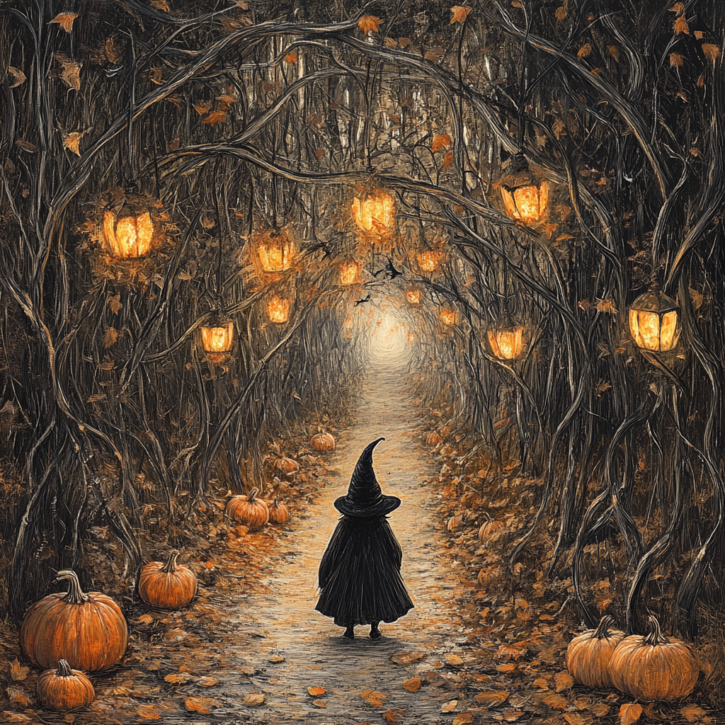 A Mysterious Autumn Pathway: Child in Witch's Robe