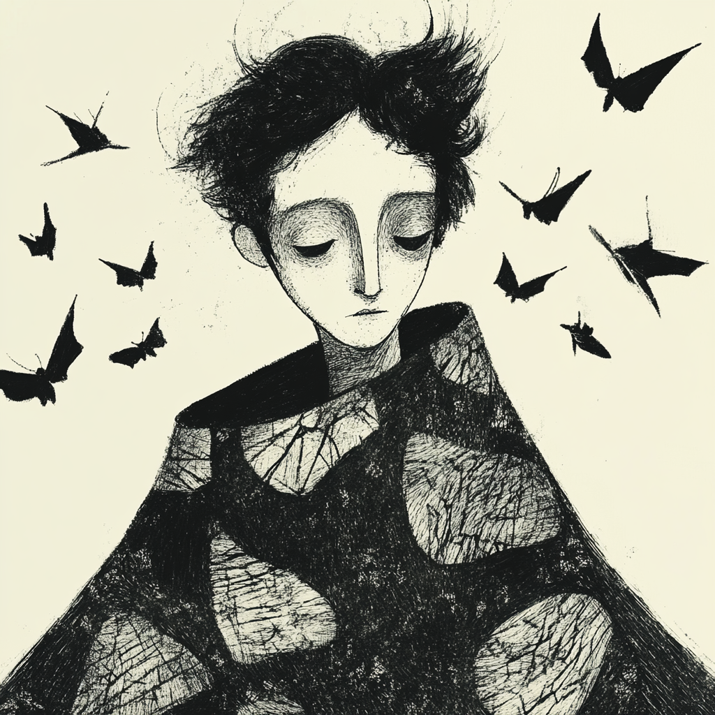 A Mysterious Figure in Dark Cloak with Butterfly Patterns