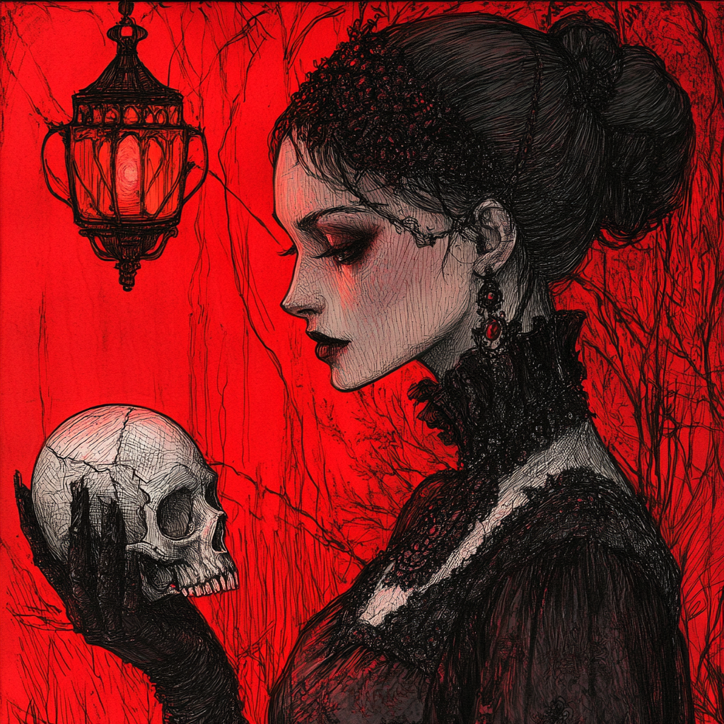 A Mysterious Woman with Skull in Dim Light