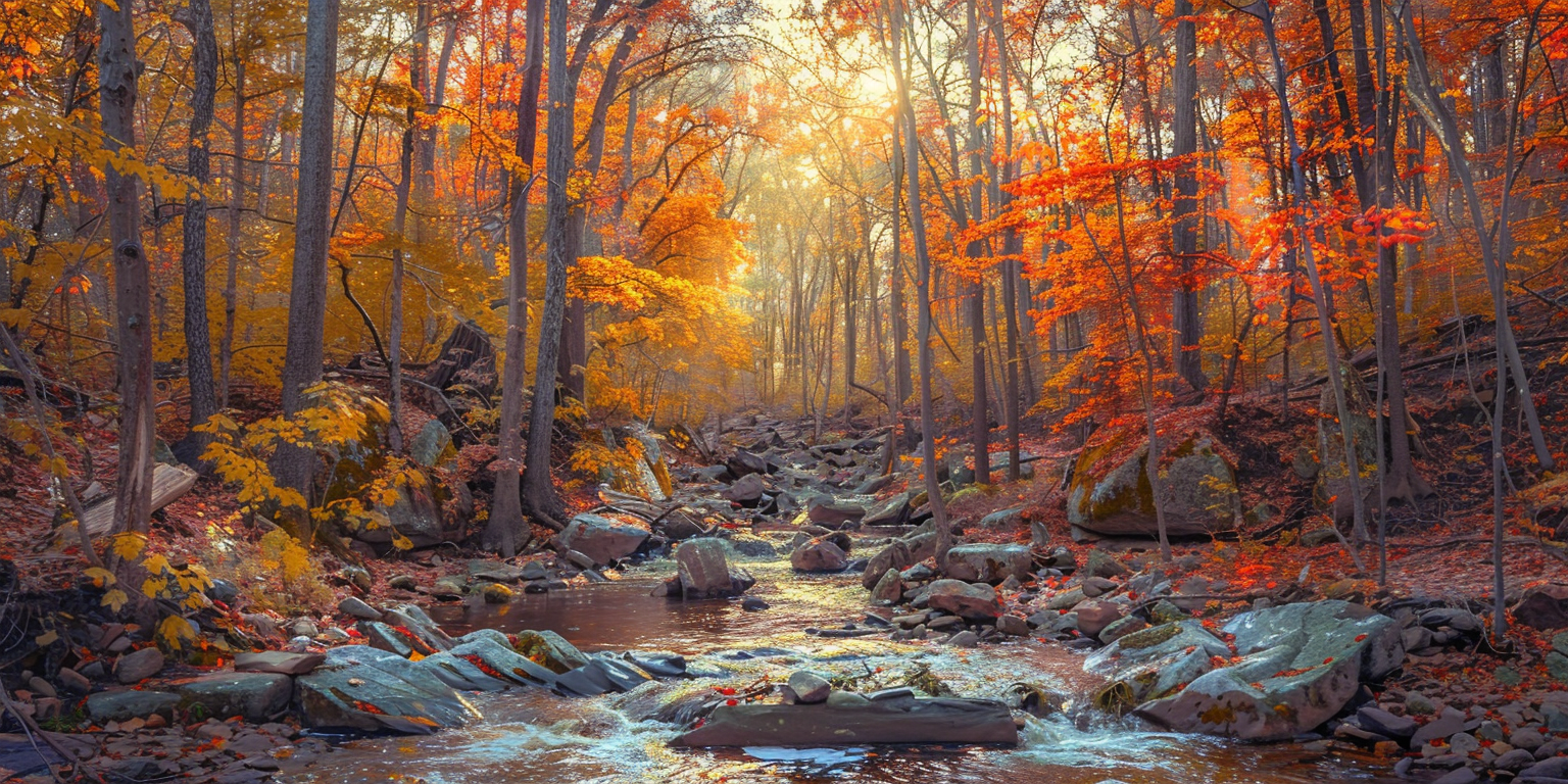 A Nature Scene with Trees and Stream in Autumn