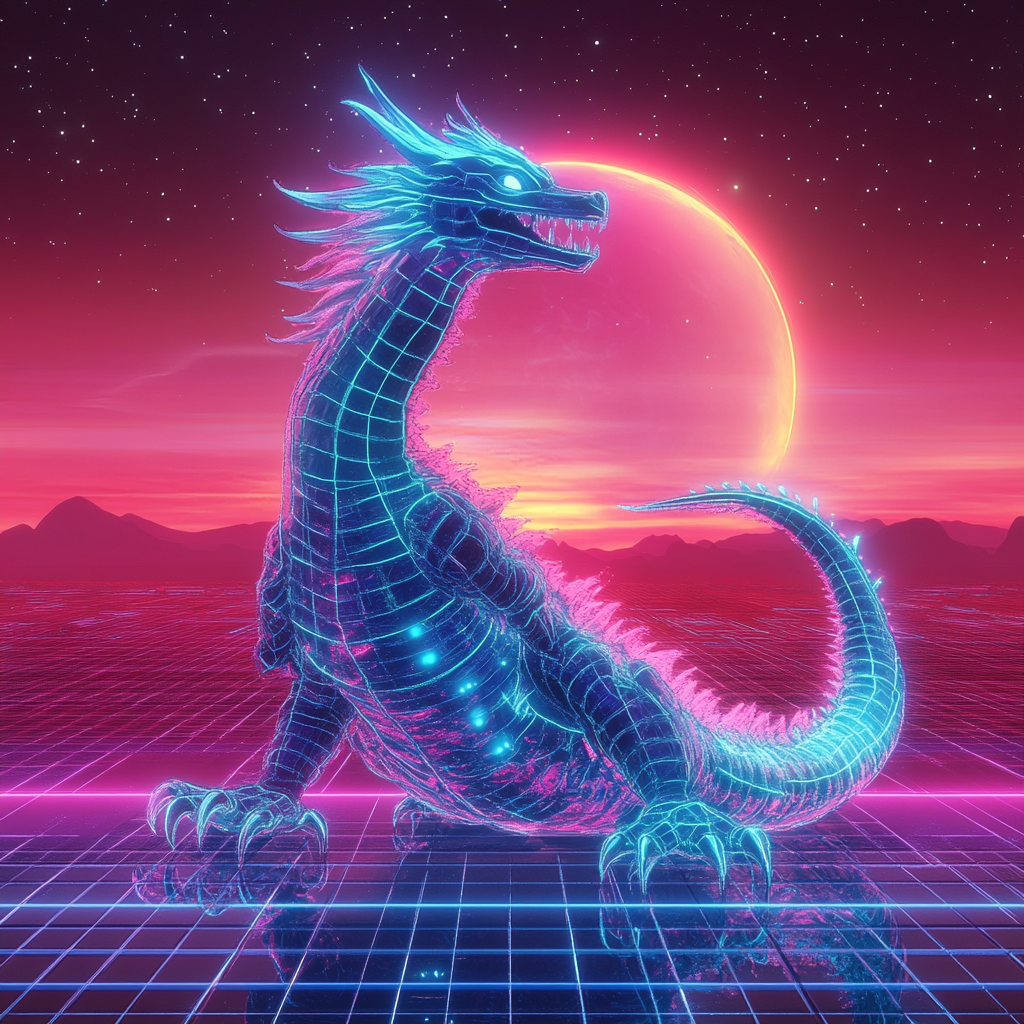 A Neon Synthwave Dragon in 80s Style Sunset